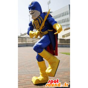 Superhero mascot holding yellow and blue, with a cape - MASFR21508 - Superhero mascot