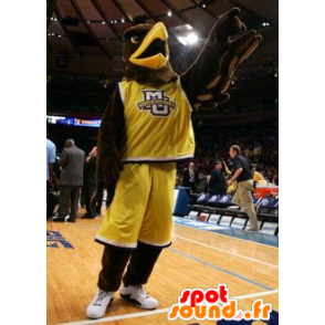 Brown eagle mascot dressed in yellow sportswear - MASFR21523 - Mascot of birds