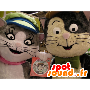 2 mascottes de chats, l'un gris et blanc, l'autre marron et beige - MASFR21525 - Mascottes de chat
