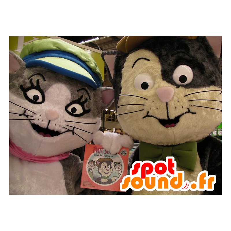2 mascottes de chats, l'un gris et blanc, l'autre marron et beige - MASFR21525 - Mascottes de chat