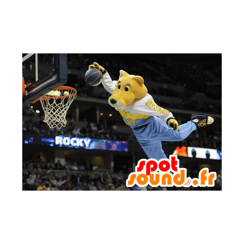 Maskot žlutý a bílý tygr, pestré sportovní oblečení - MASFR21535 - Tiger Maskoti Maskot žlutý a bílý tygr, pestré sportovní oblečení - MASFR21535 - Tiger Maskoti