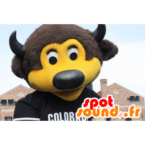 Mascotte d'ours marron et jaune, avec des cornes et un maillot - MASFR21537 - Mascotte d'ours