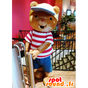 Brown orsacchiotto mascotte con una t-shirt e cappellino - MASFR21539 - Mascotte orso