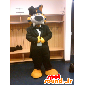 Yellow tiger mascot, black and white, dressed in a black suit - MASFR21540 - Tiger mascots