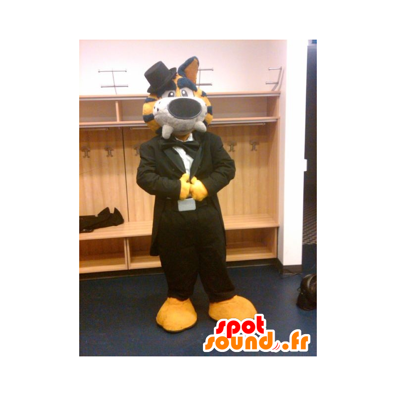 Yellow tiger mascot, black and white, dressed in a black suit - MASFR21540 - Tiger mascots