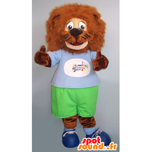 Bruine leeuw mascotte, alle harige, groen en blauwe uitrusting - MASFR21542 - Lion Mascottes