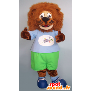 Brown lion mascot, all hairy, green and blue outfit - MASFR21542 - Lion mascots