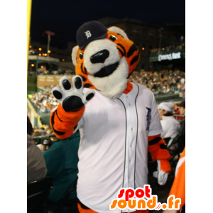 Orange Tiger-Maskottchen, weiß und schwarz, in der Sportkleidung - MASFR21543 - Tiger Maskottchen