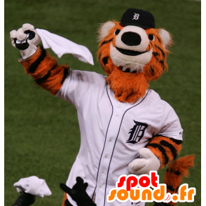 Oranssi tiikeri maskotti, valkoinen ja musta, urheiluvaatteita - MASFR21543 - Tiger Maskotteja