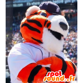 Orange tiger maskot, hvit og svart, i sportsklær - MASFR21543 - Tiger Maskoter
