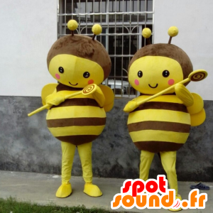 2 gule og brune bi-maskotter - Spotsound maskot kostume