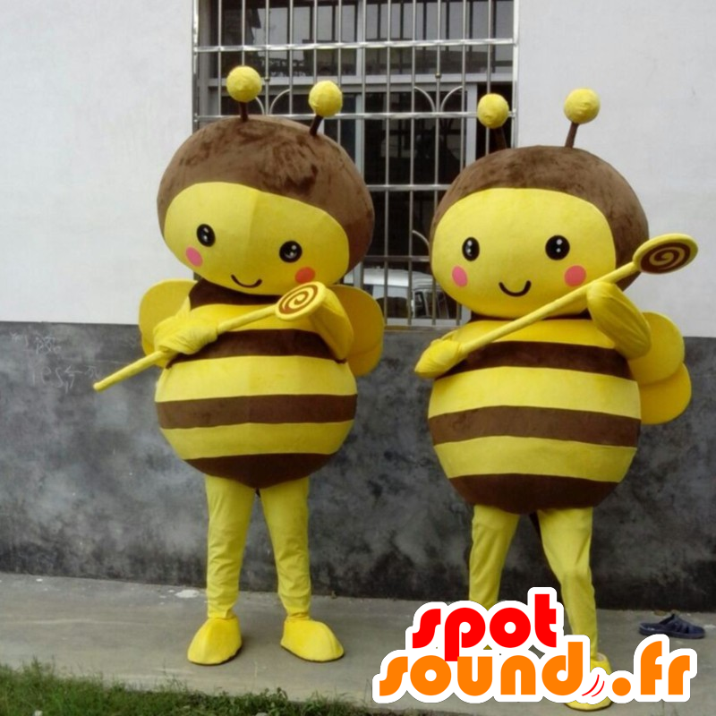 2 yellow and brown bee mascots - MASFR21545 - Mascots bee