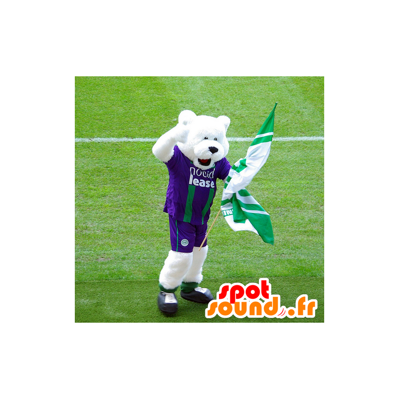 Isbjørnemaskot, i lilla og grønne sportstøj - Spotsound maskot