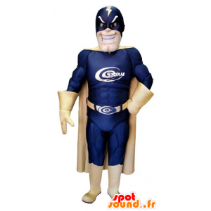 Superheld mascotte, een blauwe en gouden pak - MASFR21549 - superheld mascotte