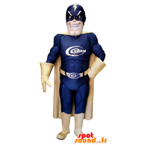 Superheld mascotte, een blauwe en gouden pak - MASFR21549 - superheld mascotte