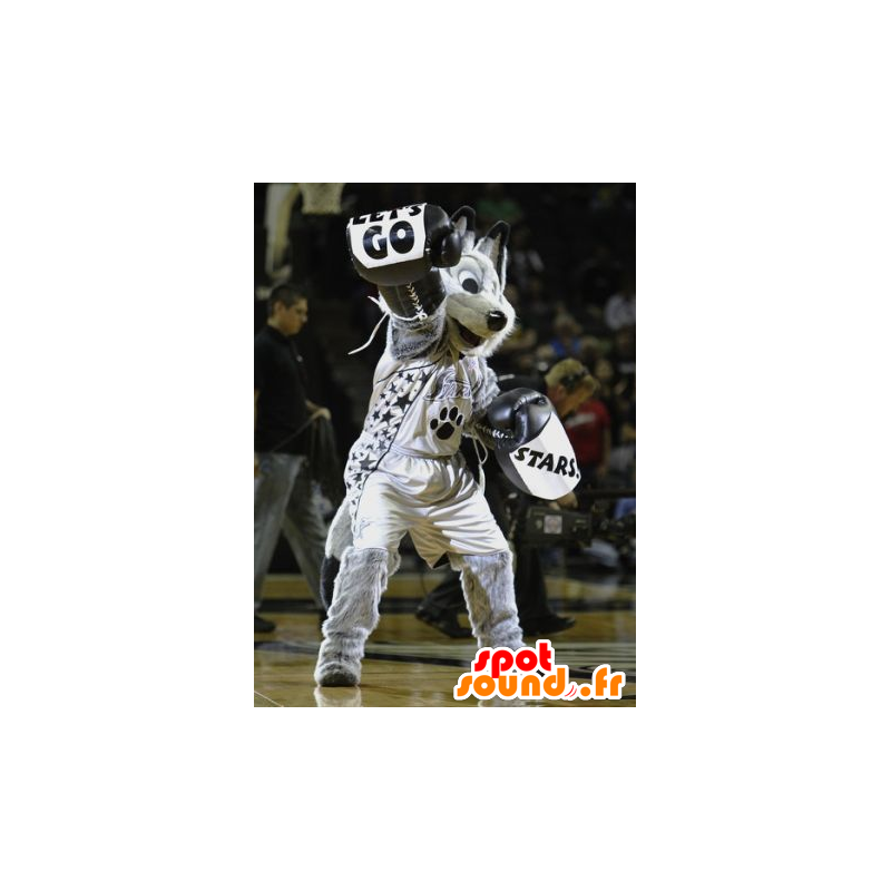 Mascotte de loup gris, noir et blanc, en tenue de sport - MASFR21552 - Mascottes Loup