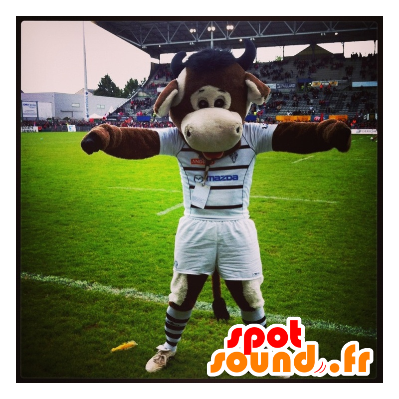 Hnědý krávou maskot, ve sportovní oblečení - MASFR21557 - kráva Maskoti Hnědý krávou maskot, ve sportovní oblečení - MASFR21557 - kráva Maskoti