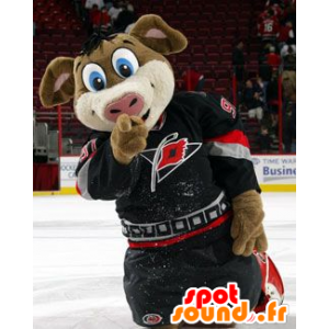 Mascote porco marrom, com olhos azuis, no sportswear - MASFR21559 - mascotes porco