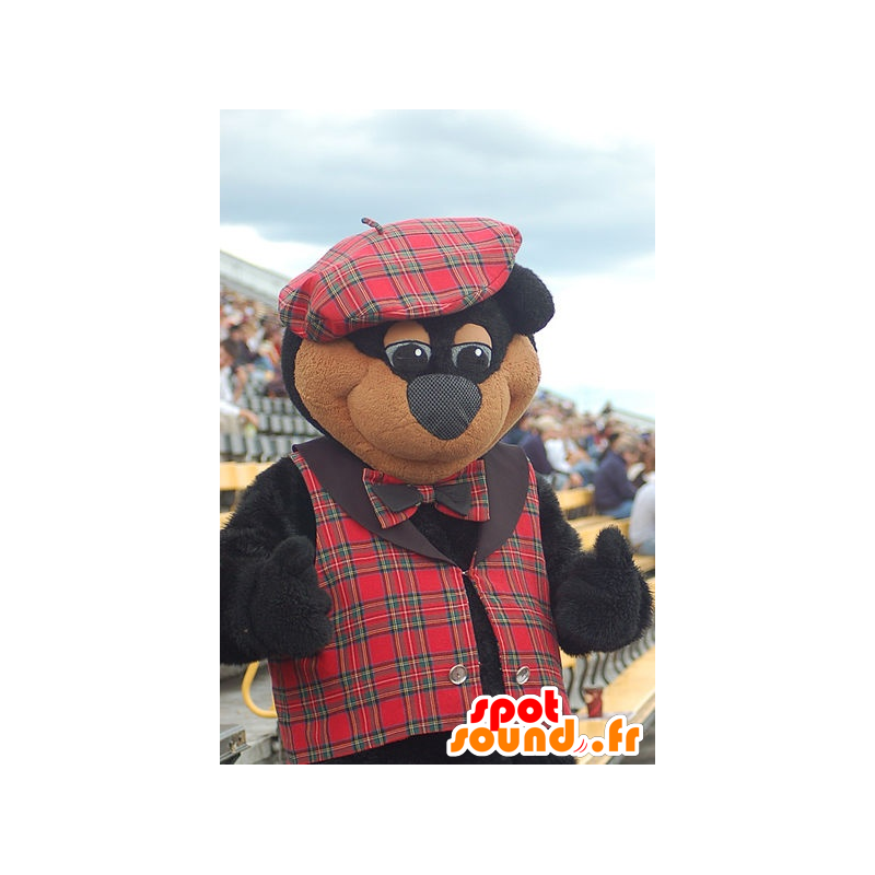 Mascotte oso negro y el traje escocés marrón - MASFR21572 - Oso mascota