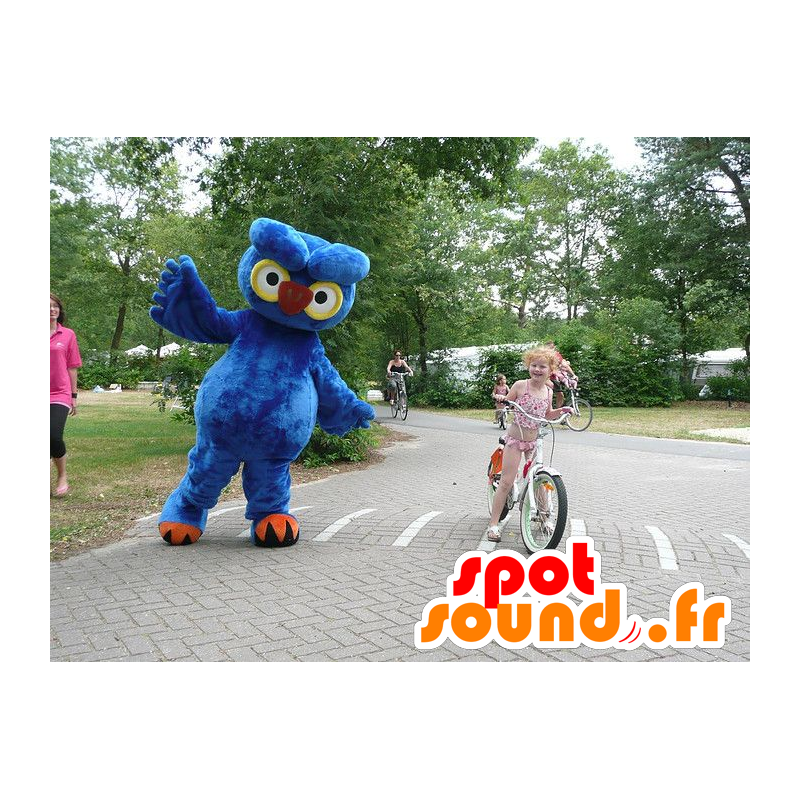 Mascot uil blauw, geel en oranje, reuze - MASFR21573 - Mascot vogels