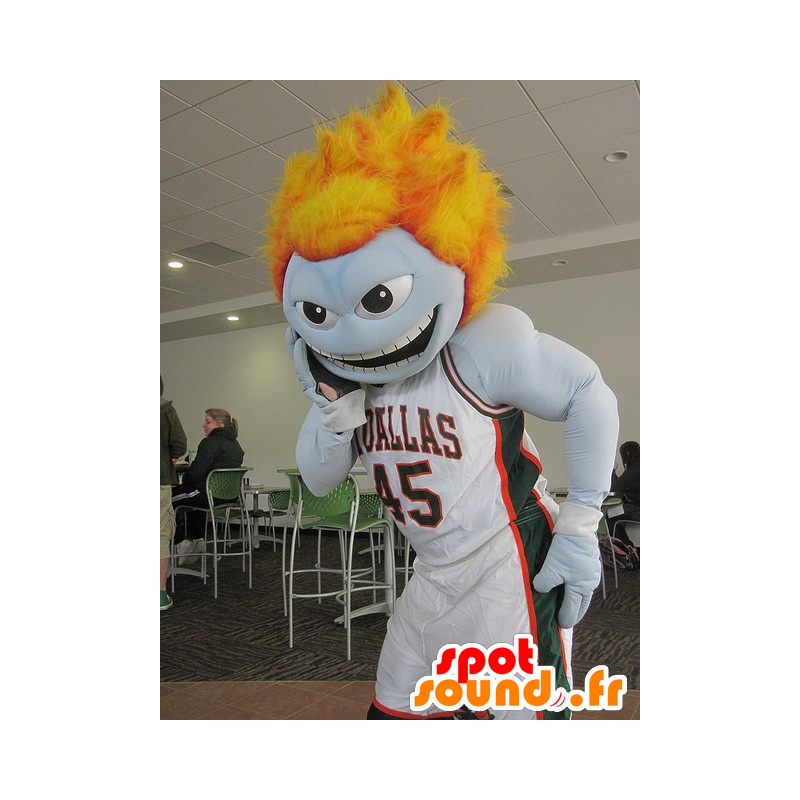 Mascot homem azul, muito musculoso, com cabelo laranja - MASFR21578 - Mascotes não classificados