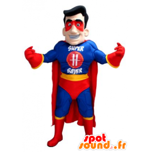 Mascote super-herói no equipamento azul, amarelo e vermelho - MASFR21582 - super-herói mascote