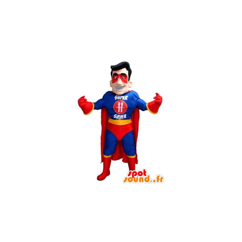 Mascote super-herói no equipamento azul, amarelo e vermelho - MASFR21582 - super-herói mascote