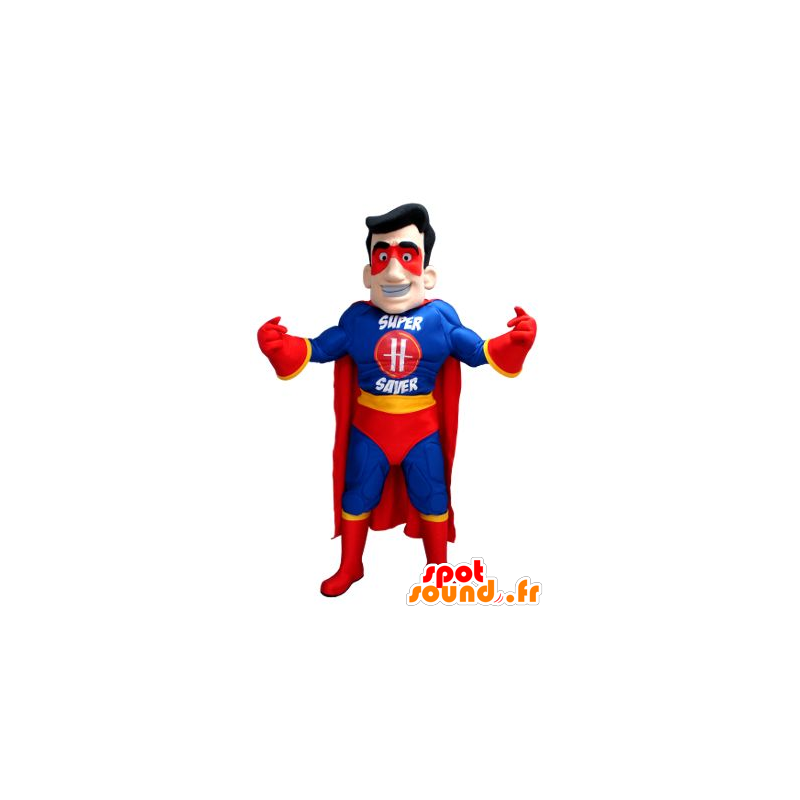 Superheld mascotte in blauwe outfit, geel en rood - MASFR21582 - superheld mascotte