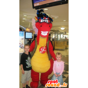 Mascotte rood en geel dinosaurus met een bril - MASFR21593 - Dinosaur Mascot