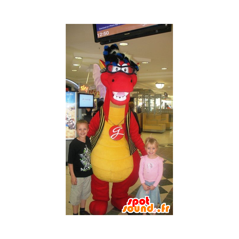 Mascotte rood en geel dinosaurus met een bril - MASFR21593 - Dinosaur Mascot