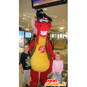Maskot rød og gul dinosaur med briller - MASFR21593 - Dinosaur Mascot
