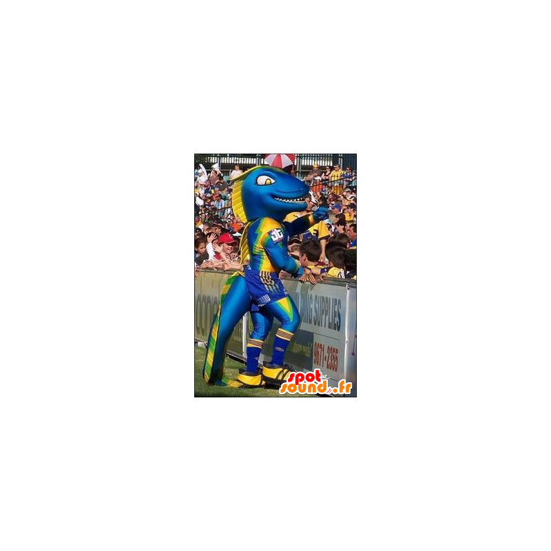 Blue dinosaur mascot, yellow and green - MASFR21598 - Mascots dinosaur