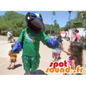 Mascot groene vogel, blauw, wit en zwart, raaf - MASFR21599 - Mascot vogels