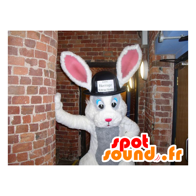 Mascotte white and gray rabbit with a big hat - MASFR21613 - Rabbit mascot