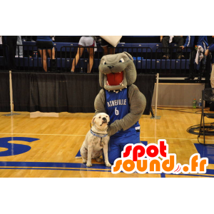 Grå bulldoggmaskot i blå sportkläder - Spotsound maskot
