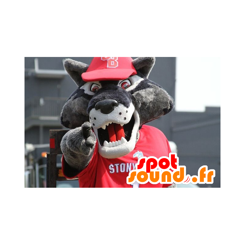 Mascot lobo cinzento, vestido de esportes vermelho - MASFR21619 - lobo Mascotes