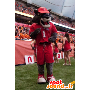 Grå ulvemaskot, i rødt sportstøj - Spotsound maskot kostume