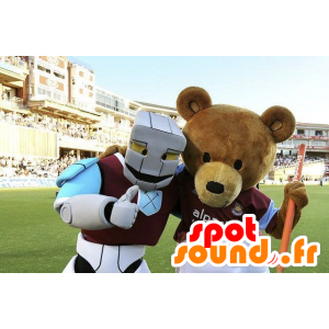 2 mascotes, um urso castanho e um robô branco, azul e roxo - MASFR21620 - mascotes Robots