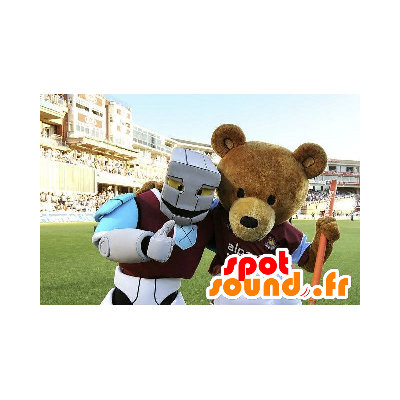 2 mascots, a brown bear and a white robot, blue and purple - MASFR21620 - Mascots of Robots