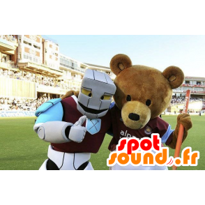 2 mascots, a brown bear and a white robot, blue and purple - MASFR21620 - Mascots of Robots