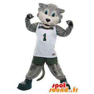 Gray and white cat mascot, in sportswear - MASFR21626 - Cat mascots
