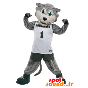 Mascotte de chat gris et blanc, en tenue de sport - MASFR21626 - Mascottes de chat