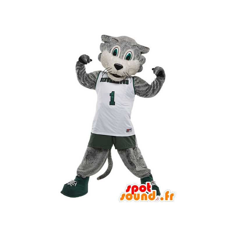 Cinzenta e branca mascote gato, no sportswear - MASFR21626 - Mascotes gato