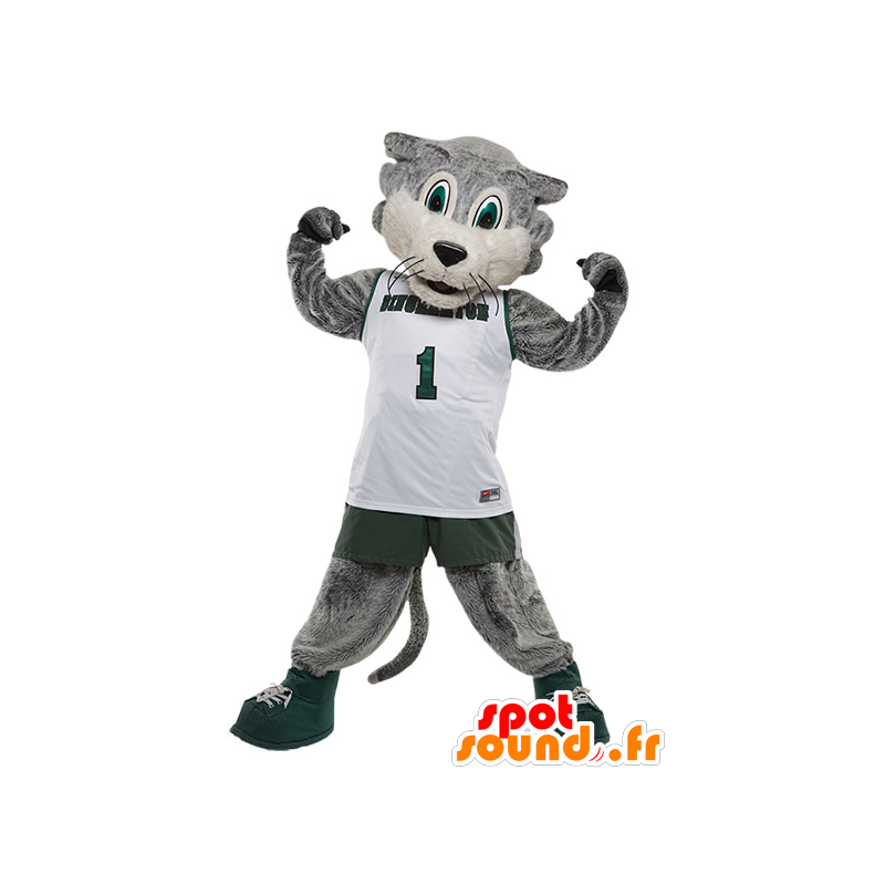 Gray and white cat mascot, in sportswear - MASFR21626 - Cat mascots