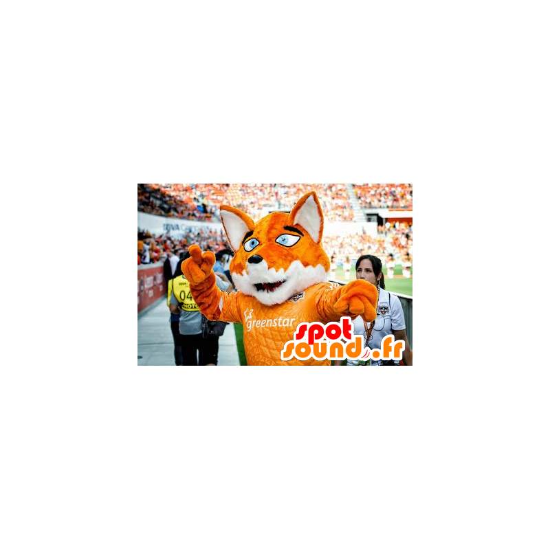 Orange og hvid rævmaskot med blå øjne - Spotsound maskot kostume