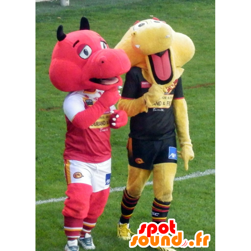 2 mascottes de dragon, l'un rouge et l'autre jaune - MASFR21632 - Mascotte de dragon