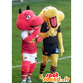 2 dragon mascots, one red and one yellow - MASFR21632 - Dragon mascot