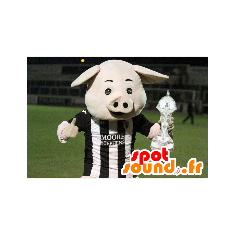 Wit varken mascotte met een witte en zwarte trui - MASFR21638 - Pig Mascottes Wit varken mascotte met een witte en zwarte trui - MASFR21638 - Pig Mascottes