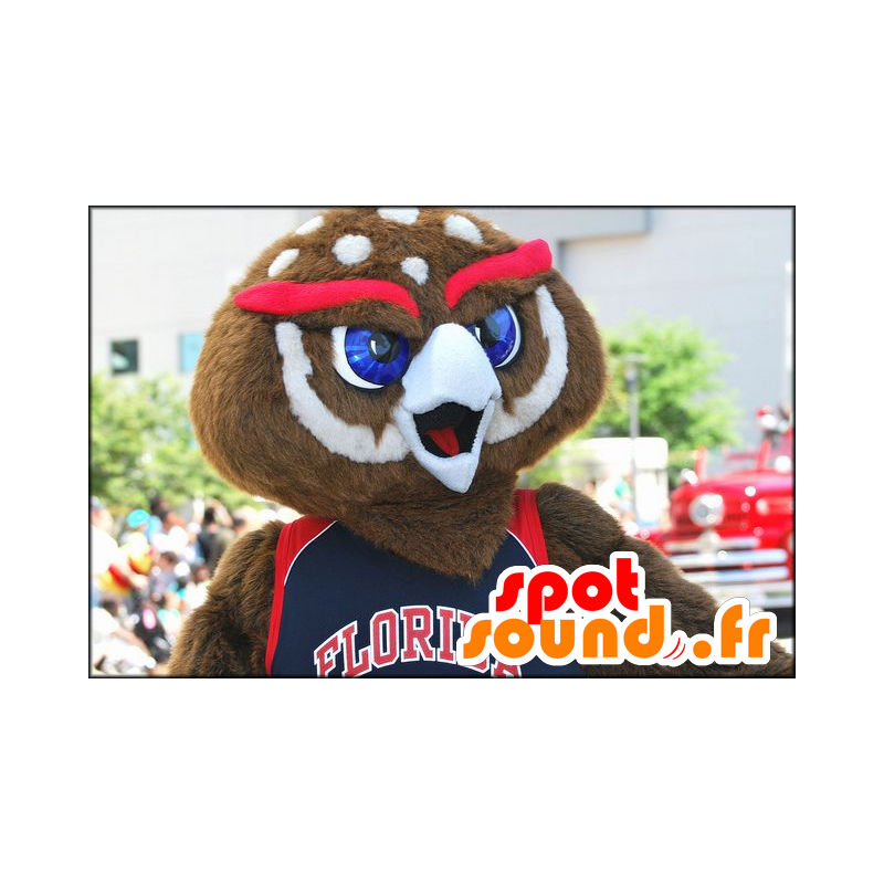 Brown and white owl mascot with red eyebrows - MASFR21639 - Mascot of birds