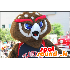 Brown and white owl mascot with red eyebrows - MASFR21639 - Mascot of birds